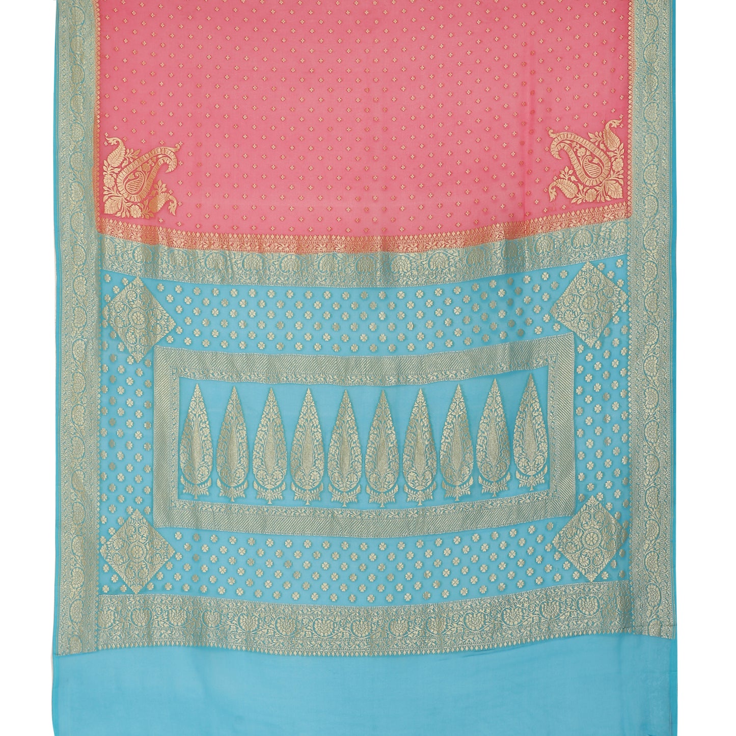 Faishana Presents Pink Pure Banarasi Khaddi Chiffon Georgette Koniya Zari Chunri Booti Weaving Kadiyal Torqouise Border.