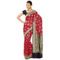 Faishana Presents Magenta Pure Banarasi Khaddi Chiffon Georgette Zari Chunri Booti Boota Paithani Anchal Weaving Kadiyal Navy Blue Border.