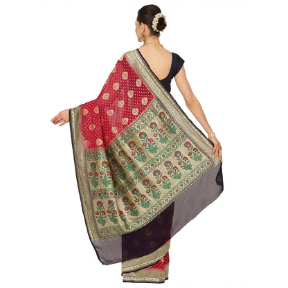 Faishana Presents Magenta Pure Banarasi Khaddi Chiffon Georgette Zari Chunri Booti Boota Paithani Anchal Weaving Kadiyal Navy Blue Border.