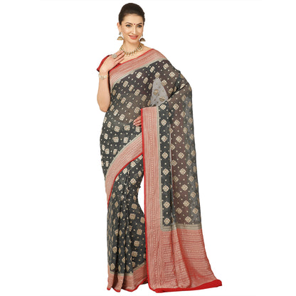 Faishana Presents Grey Pure Banarasi Khaddi Chiffon Georgette Golden Zari Meena Booti Weaving Kadiyal Red Border with Blouse.