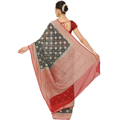 Faishana Presents Grey Pure Banarasi Khaddi Chiffon Georgette Golden Zari Meena Booti Weaving Kadiyal Red Border with Blouse.