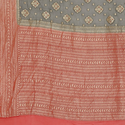 Faishana Presents Grey Pure Banarasi Khaddi Chiffon Georgette Golden Zari Meena Booti Weaving Kadiyal Red Border with Blouse.
