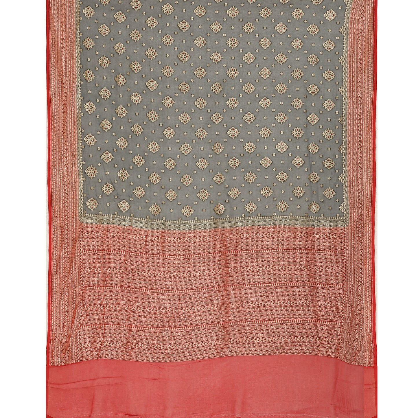 Faishana Presents Grey Pure Banarasi Khaddi Chiffon Georgette Golden Zari Meena Booti Weaving Kadiyal Red Border with Blouse.