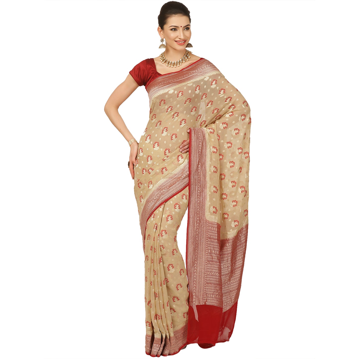 Faishana Presents Beige Pure Banarasi Khaddi Chiffon Georgette Golder Zari Meena Booti Boota Weaving Kadiyal Red Border.