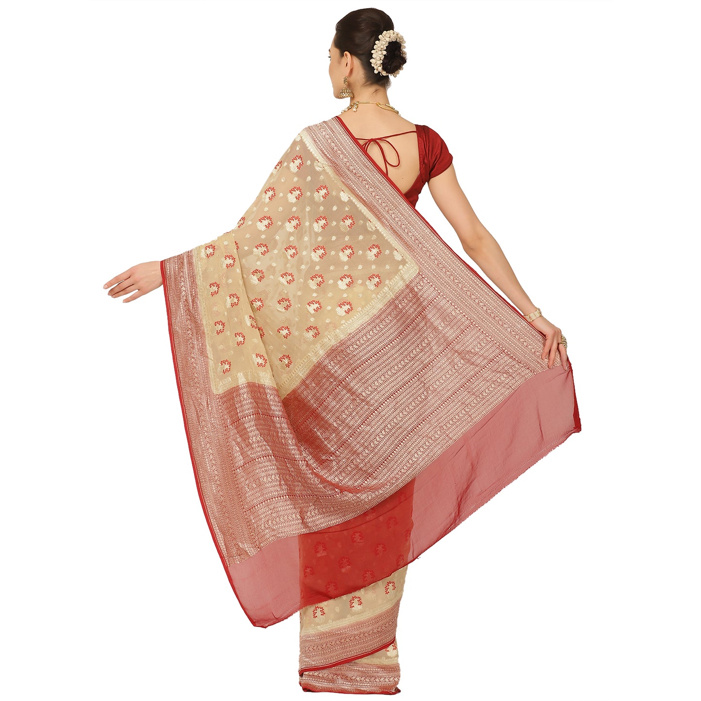 Faishana Presents Beige Pure Banarasi Khaddi Chiffon Georgette Golder Zari Meena Booti Boota Weaving Kadiyal Red Border.