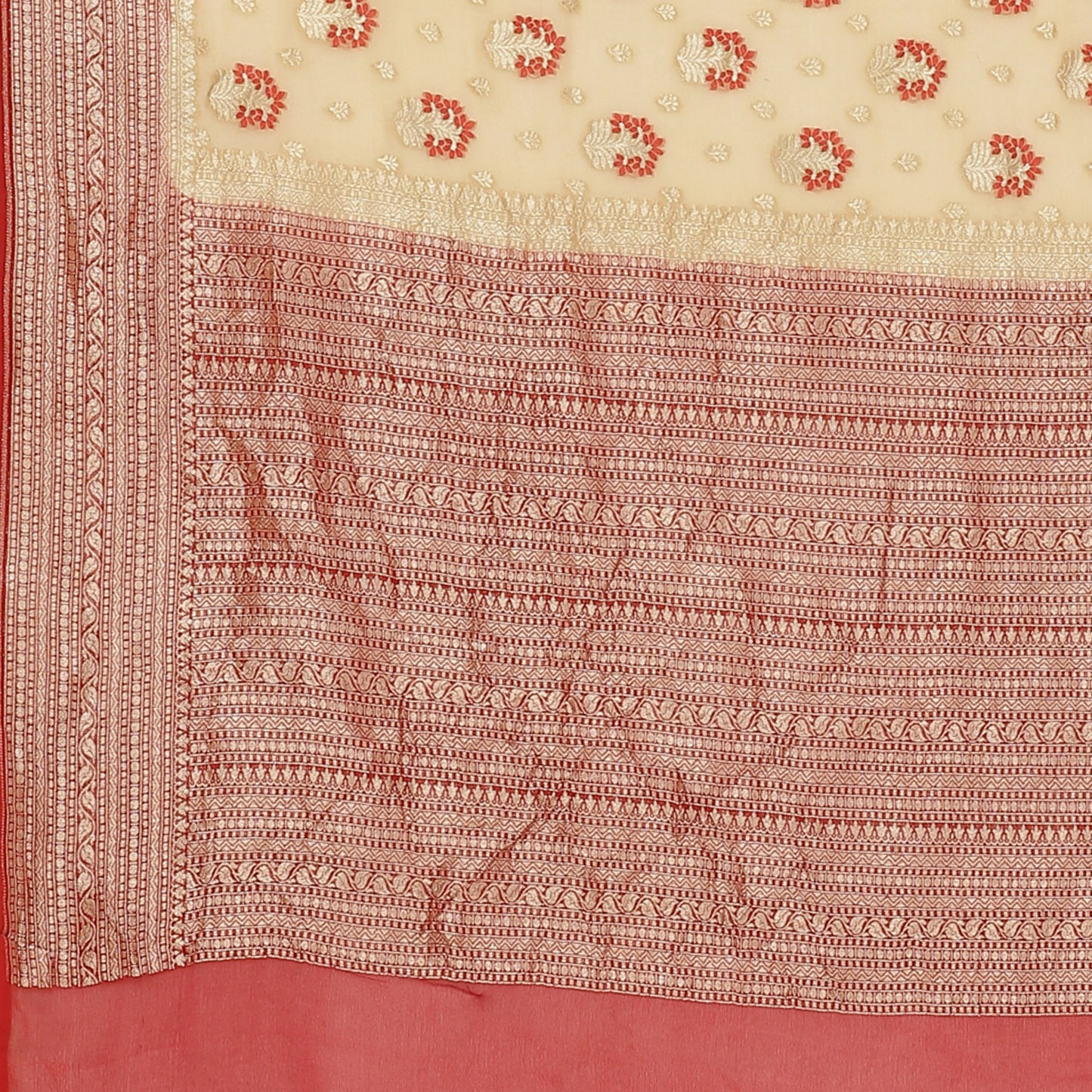 Faishana Presents Beige Pure Banarasi Khaddi Chiffon Georgette Golder Zari Meena Booti Boota Weaving Kadiyal Red Border.
