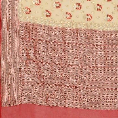Faishana Presents Beige Pure Banarasi Khaddi Chiffon Georgette Golder Zari Meena Booti Boota Weaving Kadiyal Red Border.