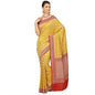 Faishana Presents Gold Pure Banarasi Khaddi Muga Silk Gharchola Meena Jaal Georgette Weaving Meena Jaal Kadiyal Maroon Border .