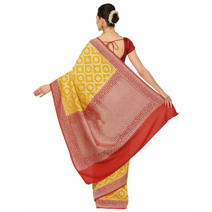 Faishana Presents Gold Pure Banarasi Khaddi Muga Silk Gharchola Meena Jaal Georgette Weaving Meena Jaal Kadiyal Maroon Border .