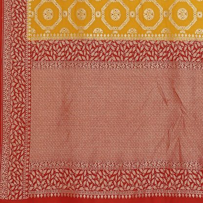 Faishana Presents Gold Pure Banarasi Khaddi Muga Silk Gharchola Meena Jaal Georgette Weaving Meena Jaal Kadiyal Maroon Border .