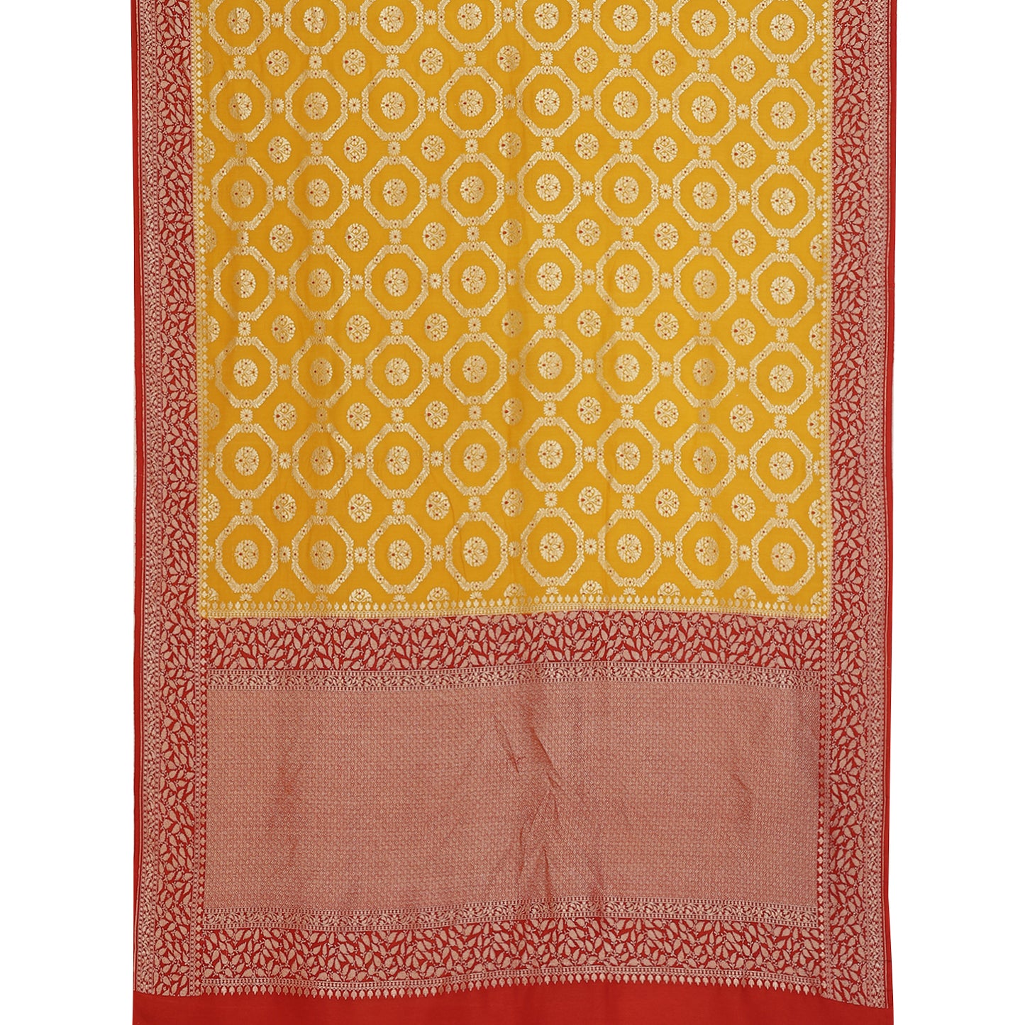 Faishana Presents Gold Pure Banarasi Khaddi Muga Silk Gharchola Meena Jaal Georgette Weaving Meena Jaal Kadiyal Maroon Border .