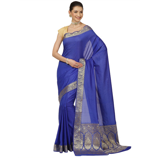 Faishana Presents Blue Valkalam Katan Silk Plain Anchal Zari Border Banarasi Saree