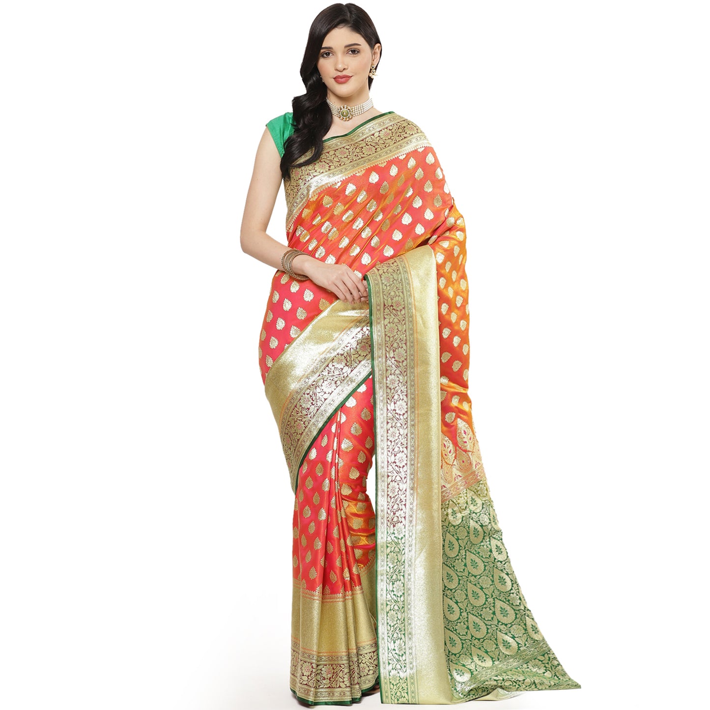 Faishana Presents Brown Mughal Motif Satin Silk Banarasi Saree Kaanchi Skirt Kadiyal Green Borde