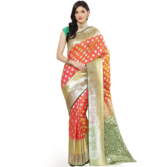 Faishana Presents Brown Mughal Motif Satin Silk Banarasi Saree Kaanchi Skirt Kadiyal Green Borde