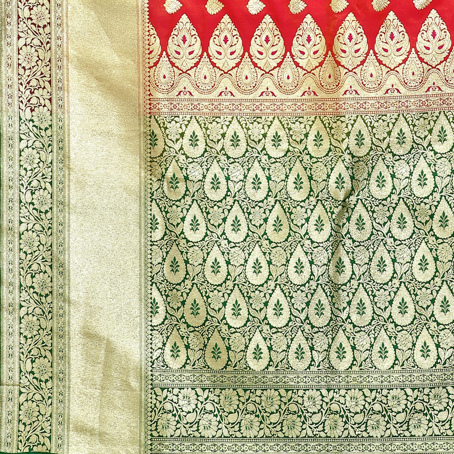 Faishana Presents Brown Mughal Motif Satin Silk Banarasi Saree Kaanchi Skirt Kadiyal Green Borde