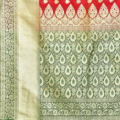 Faishana Presents Brown Mughal Motif Satin Silk Banarasi Saree Kaanchi Skirt Kadiyal Green Borde