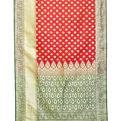 Faishana Presents Brown Mughal Motif Satin Silk Banarasi Saree Kaanchi Skirt Kadiyal Green Borde