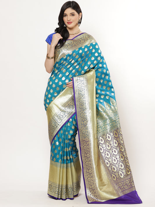 Faishana Presents Torquoise Blue Mughal Motif Satin Silk Banarasi Saree Skirt Kadiyal Blue Borde