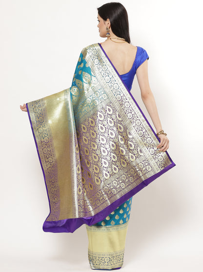 Faishana Presents Torquoise Blue Mughal Motif Satin Silk Banarasi Saree Skirt Kadiyal Blue Borde