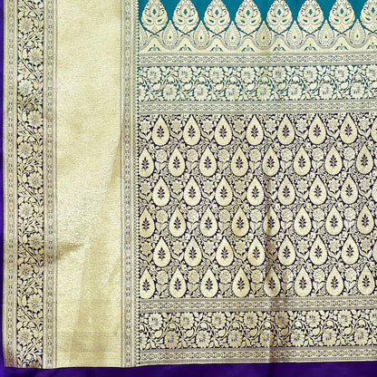 Faishana Presents Torquoise Blue Mughal Motif Satin Silk Banarasi Saree Skirt Kadiyal Blue Borde