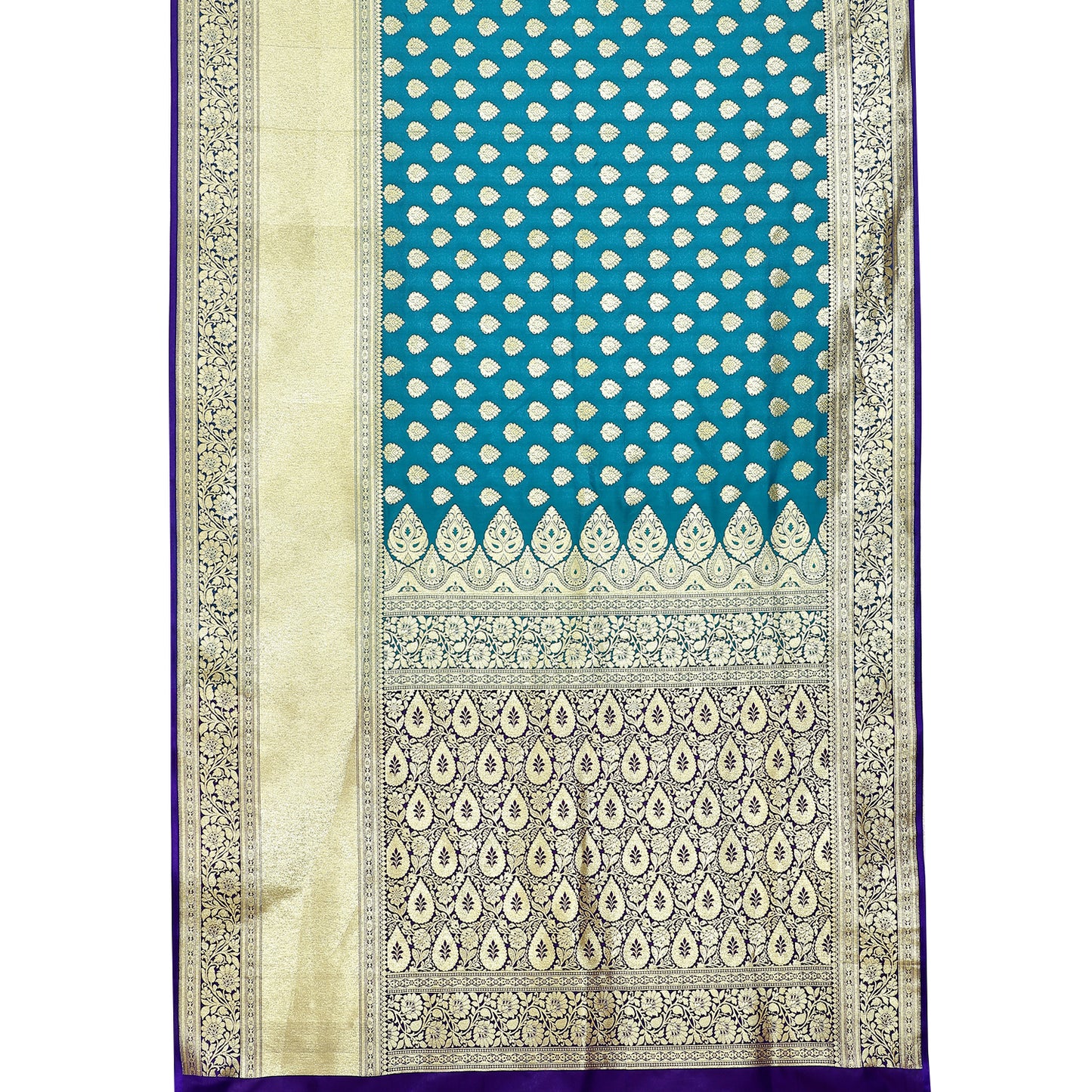 Faishana Presents Torquoise Blue Mughal Motif Satin Silk Banarasi Saree Skirt Kadiyal Blue Borde