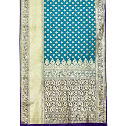 Faishana Presents Torquoise Blue Mughal Motif Satin Silk Banarasi Saree Skirt Kadiyal Blue Borde