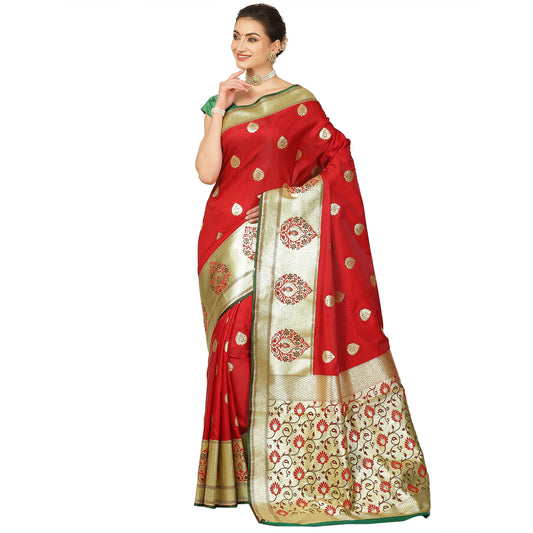 Faishana Presents Red Boota Mughal Motif Satin Silk Banarasi Saree Paithani Anchal Paithani Skirt Green Border