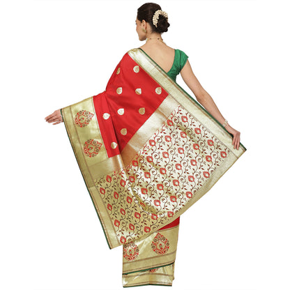 Faishana Presents Red Boota Mughal Motif Satin Silk Banarasi Saree Paithani Anchal Paithani Skirt Green Border