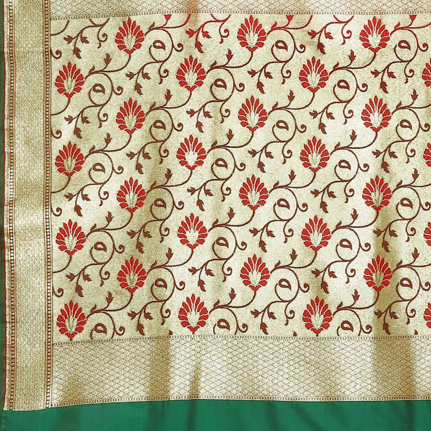 Faishana Presents Red Boota Mughal Motif Satin Silk Banarasi Saree Paithani Anchal Paithani Skirt Green Border
