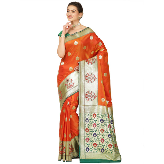 Faishana Presents Brown Boota Mughal Motif Satin Silk Banarasi Saree Paithani Anchal Paithani Skirt Green Border
