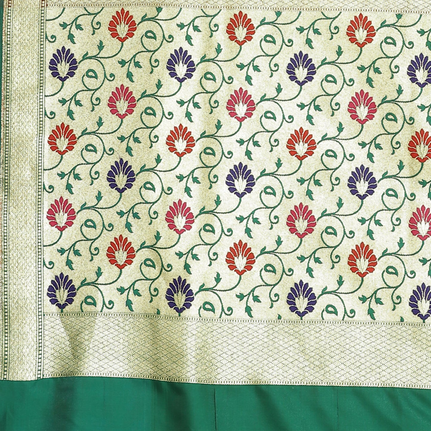 Faishana Presents Brown Boota Mughal Motif Satin Silk Banarasi Saree Paithani Anchal Paithani Skirt Green Border