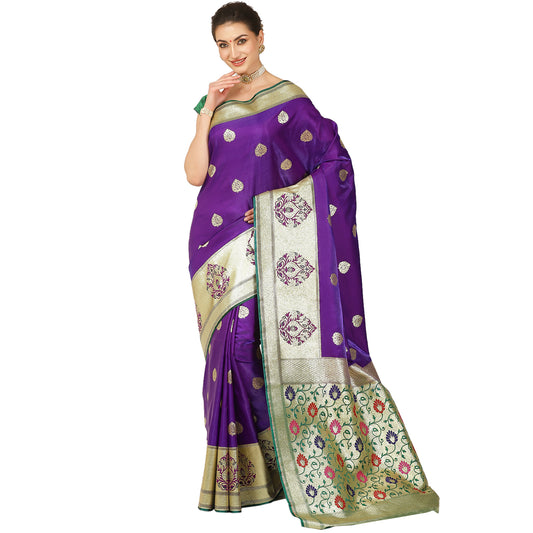 Faishana Presents Purple Boota Mughal Motif Satin Silk Banarasi Saree Paithani Anchal  Paithani Skirt Green Border
