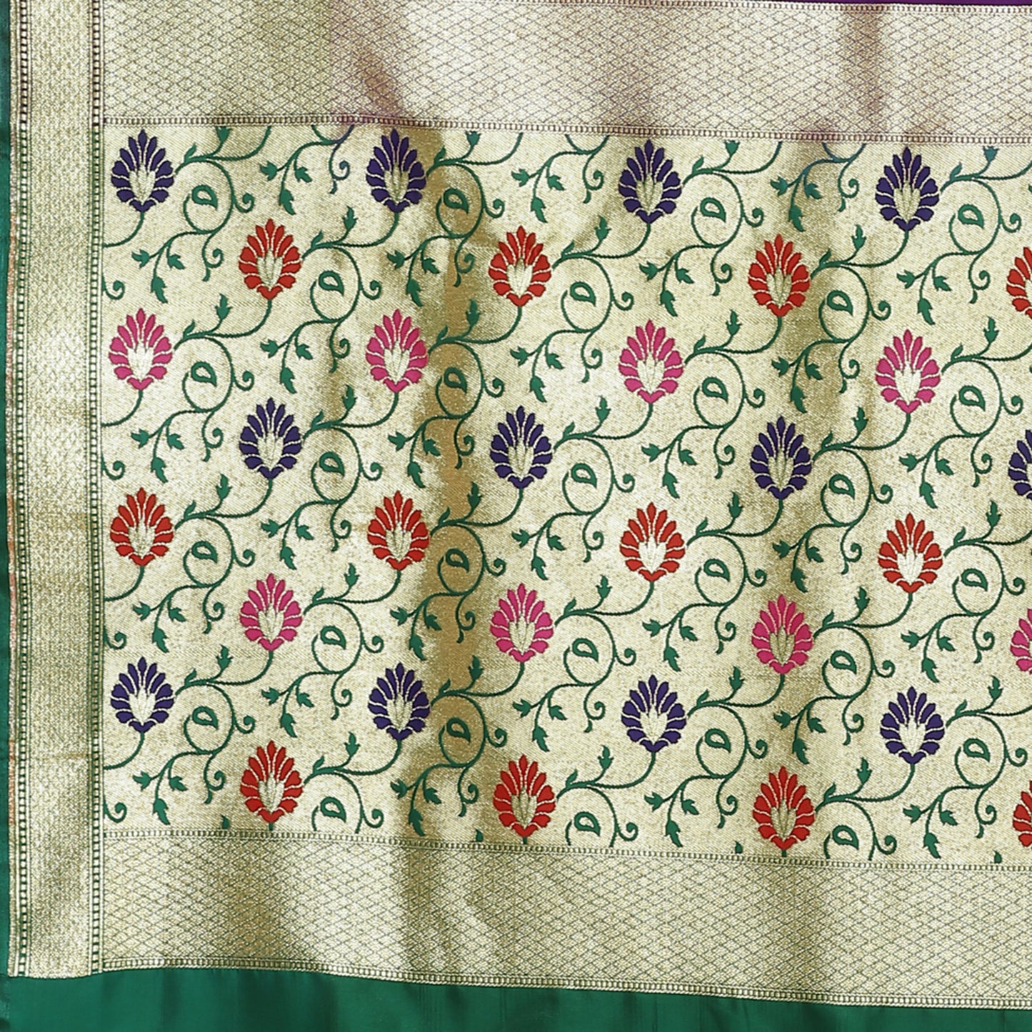 Faishana Presents Purple Boota Mughal Motif Satin Silk Banarasi Saree Paithani Anchal  Paithani Skirt Green Border