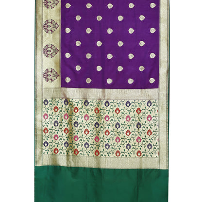 Faishana Presents Purple Boota Mughal Motif Satin Silk Banarasi Saree Paithani Anchal  Paithani Skirt Green Border