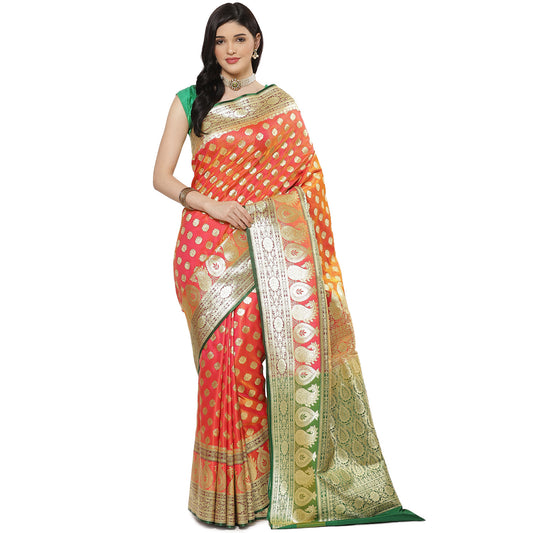 Faishana Presents Peach Booti Mughal Motif Satin Silk Banarasi Saree Kadiyal Skirt Mustard & Green Borde