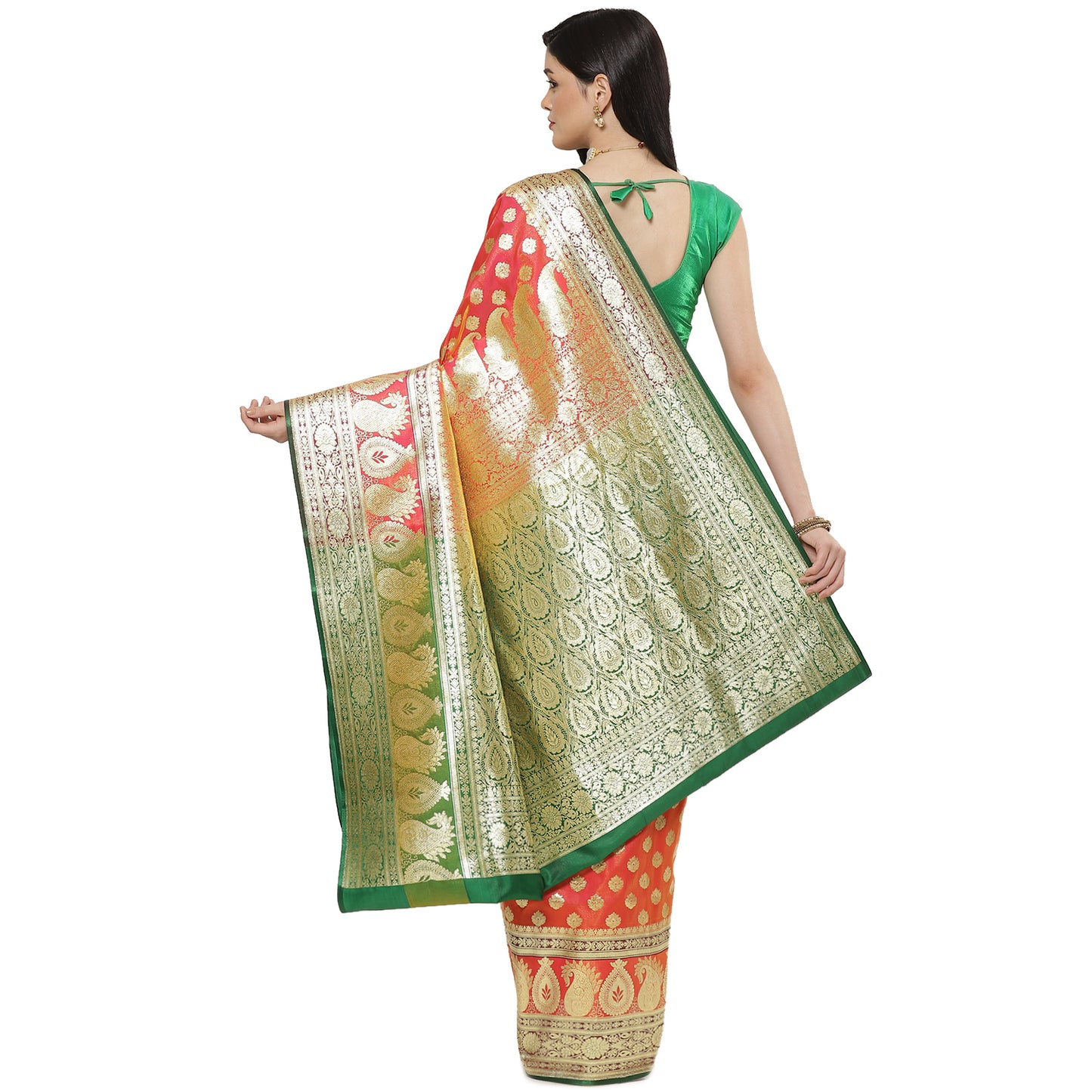Faishana Presents Peach Booti Mughal Motif Satin Silk Banarasi Saree Kadiyal Skirt Mustard & Green Borde