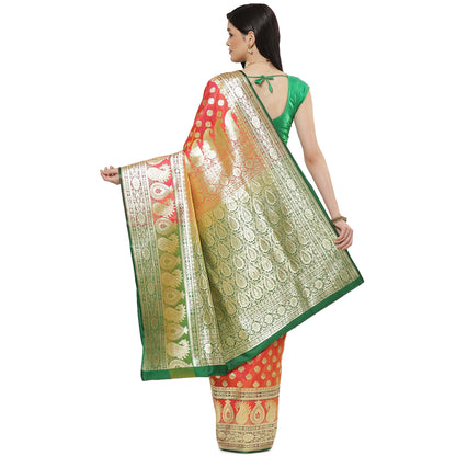 Faishana Presents Peach Booti Mughal Motif Satin Silk Banarasi Saree Kadiyal Skirt Mustard & Green Borde