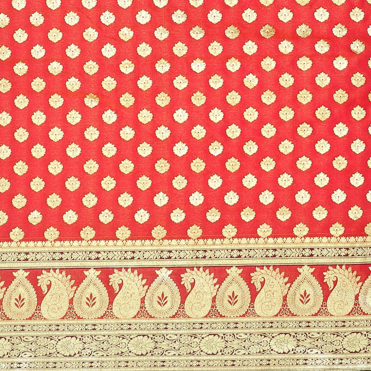 Faishana Presents Peach Booti Mughal Motif Satin Silk Banarasi Saree Kadiyal Skirt Mustard & Green Borde