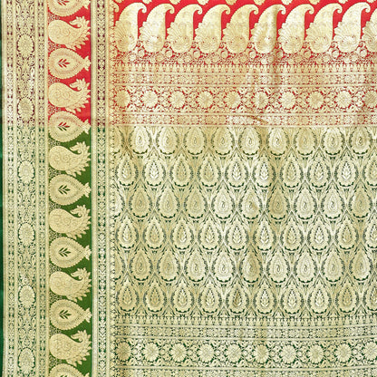 Faishana Presents Peach Booti Mughal Motif Satin Silk Banarasi Saree Kadiyal Skirt Mustard & Green Borde