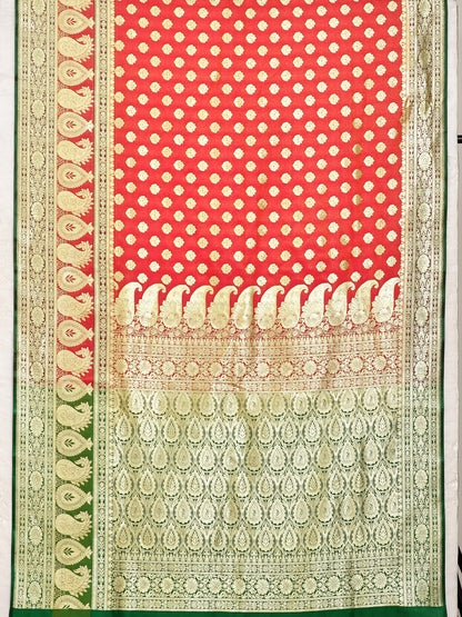 Faishana Presents Peach Booti Mughal Motif Satin Silk Banarasi Saree Kadiyal Skirt Mustard & Green Borde