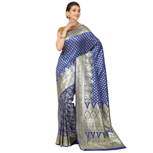 Faishana Presents Royal Blue Booti Paatli Half Half Mughal Motif Satin Silk Banarasi Saree With Skirt Borde