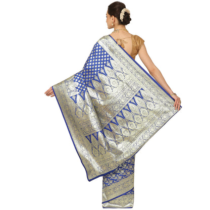 Faishana Presents Royal Blue Booti Paatli Half Half Mughal Motif Satin Silk Banarasi Saree With Skirt Borde