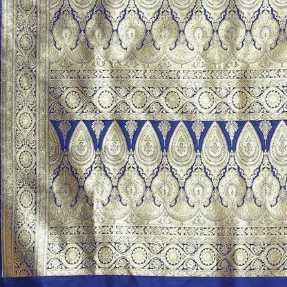 Faishana Presents Royal Blue Booti Paatli Half Half Mughal Motif Satin Silk Banarasi Saree With Skirt Borde