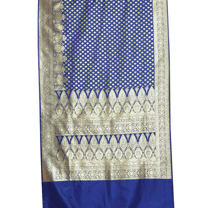 Faishana Presents Royal Blue Booti Paatli Half Half Mughal Motif Satin Silk Banarasi Saree With Skirt Borde