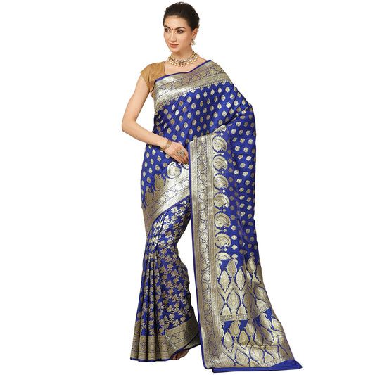 Faishana Presents Royal Blue Mughal Motif Banarasi Satin Silk Saree With Skirt Borde