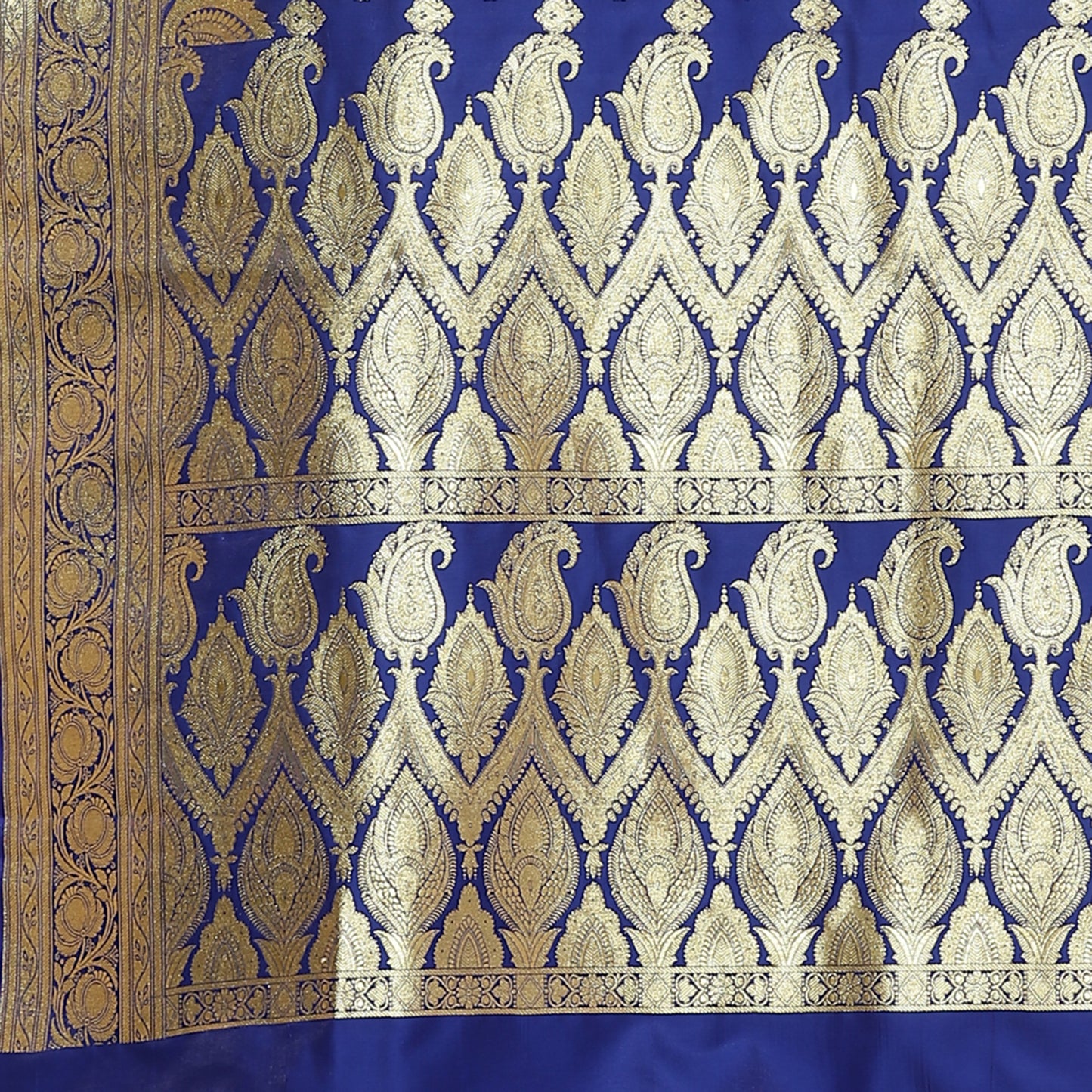 Faishana Presents Royal Blue Mughal Motif Banarasi Satin Silk Saree With Skirt Borde