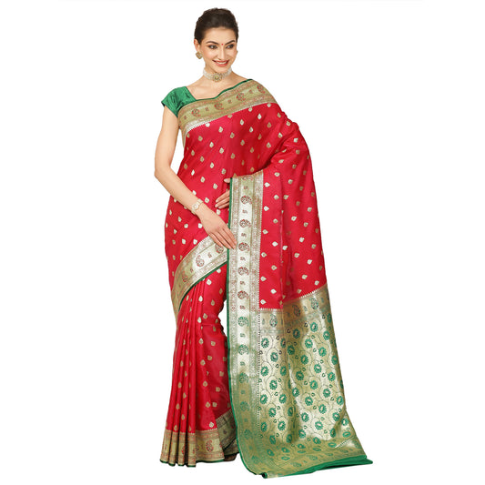 Faishana Presents Red Booti Mughal Motif Satin Silk Banarasi Saree With Paithani Green Borde