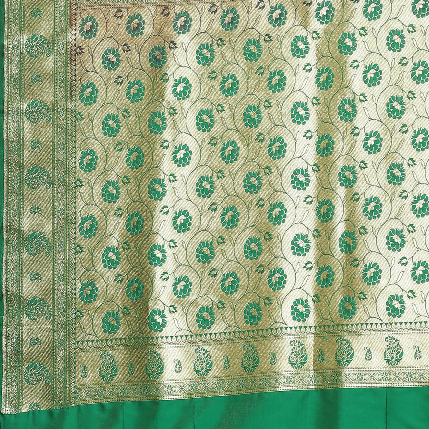 Faishana Presents Red Booti Mughal Motif Satin Silk Banarasi Saree With Paithani Green Borde