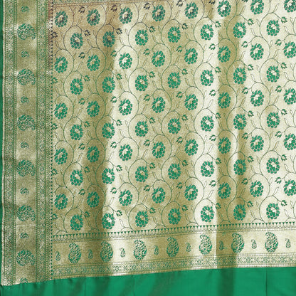 Faishana Presents Red Booti Mughal Motif Satin Silk Banarasi Saree With Paithani Green Borde
