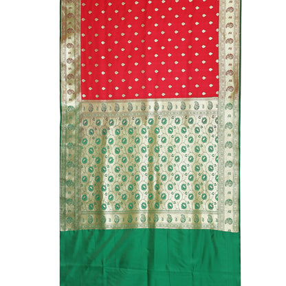Faishana Presents Red Booti Mughal Motif Satin Silk Banarasi Saree With Paithani Green Borde